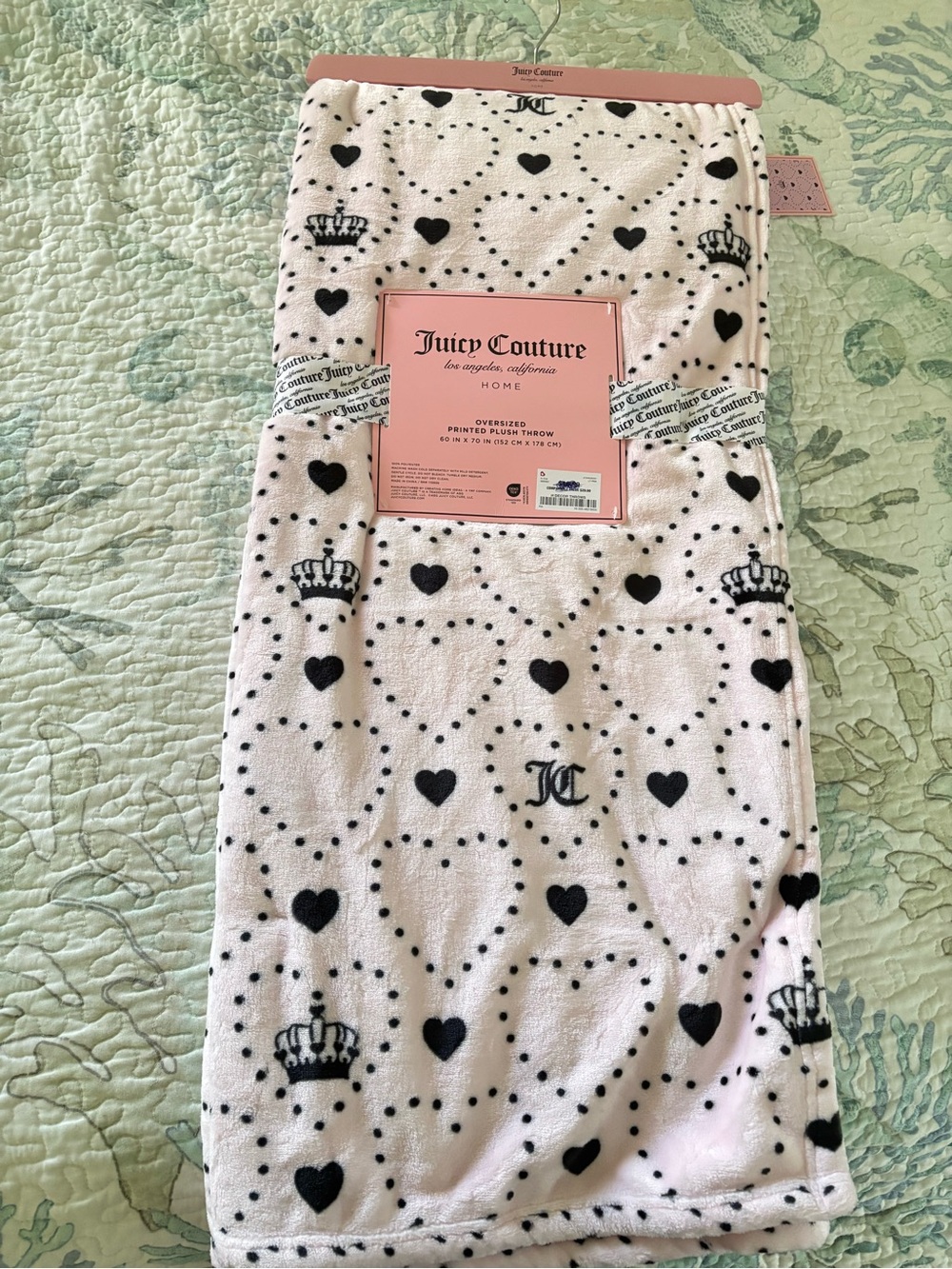 Juicy Couture Pink and Black Heart Fleece Throw Blanket